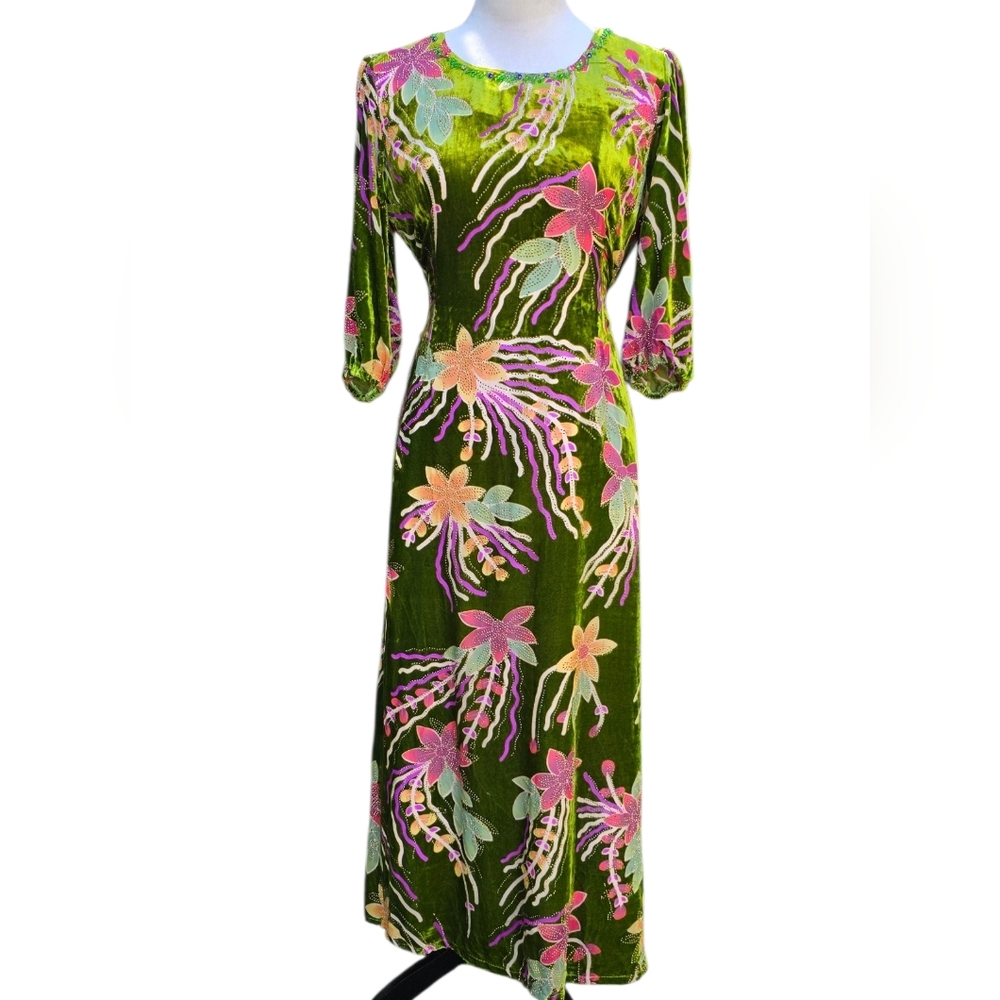 Green Velvet Burn Out Floral Beaded Maxi Dress